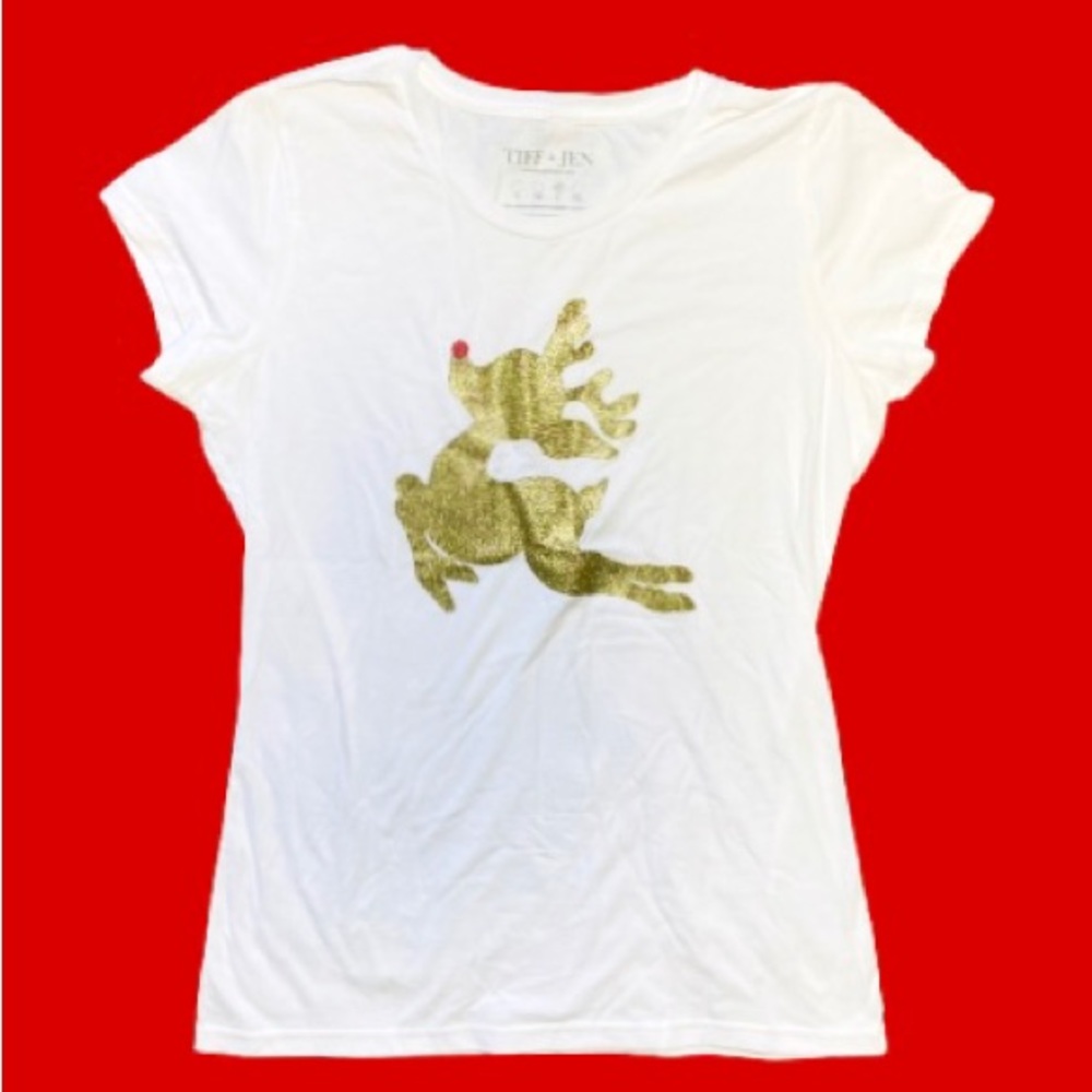 🌞3/$18🌞Tiff+Jen Gold Glitter Rudolph the Red Nosed Reindeer Christmas T-Shirt